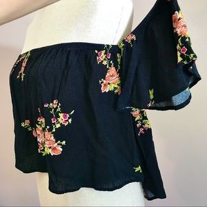 Boho Off-Shoulder Black Top with Floral Print